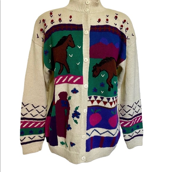 80s Vintage Cottagecore Apple Orchard Horse Cardigan - Picture 11 of 14